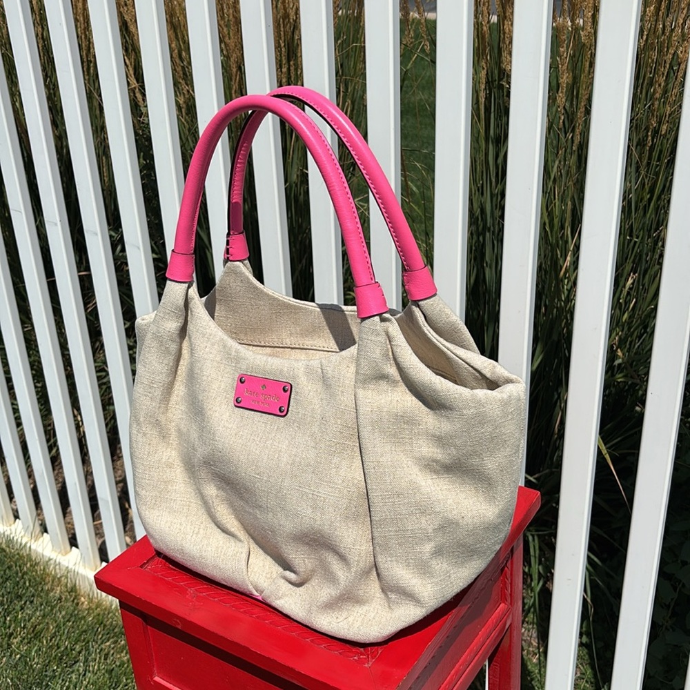 Kate Spade Linen and Hot Pink Satchel, 16” x 9” x 7”, Clean - Picture 2 of 8